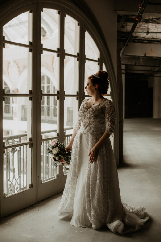 bride looks out window